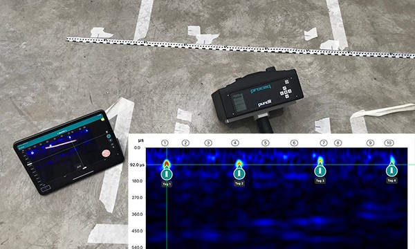 Scanning with the Ultrasonic Pulse Echo system each rebar is clearly visible
